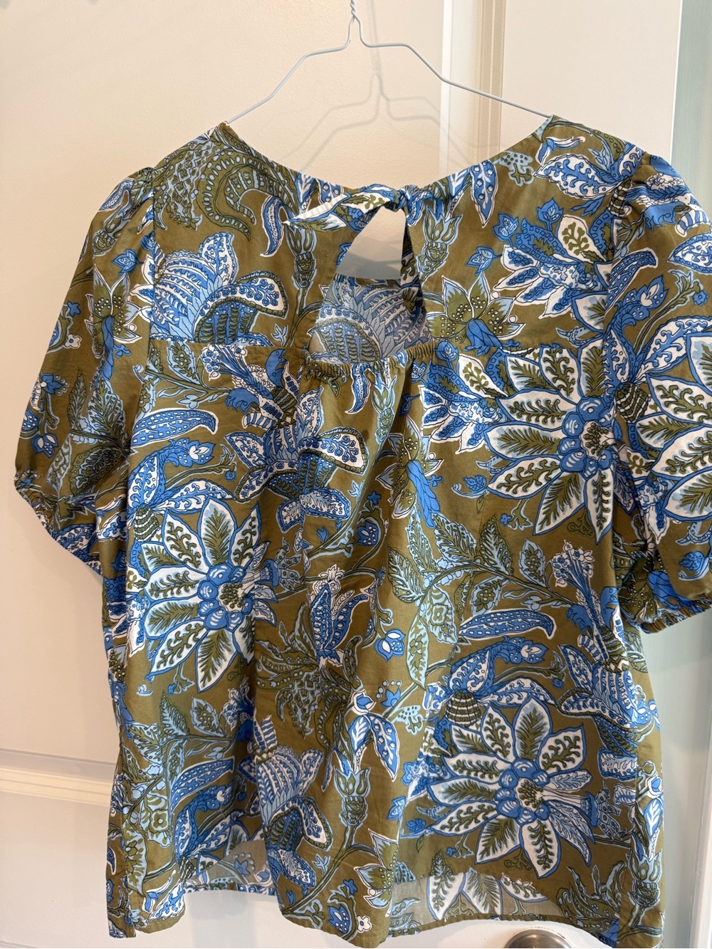 Talbots Olive Green Floral Blouse with Blue Print